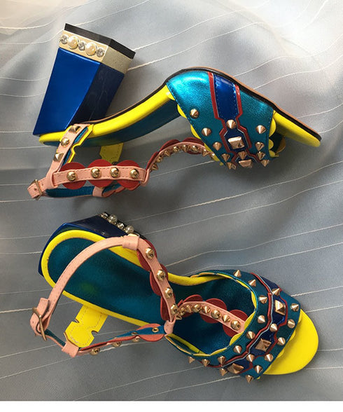 Flare Heel Studded Sandals